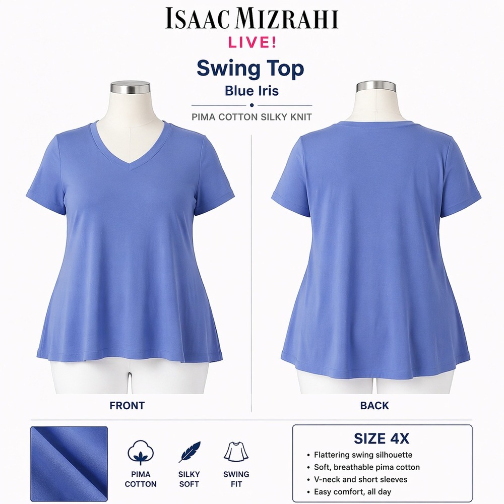 Isaac Mizrahi Live Womens 4X V Neck Swing Top Iris Purple Pima Cotton Knit NWT